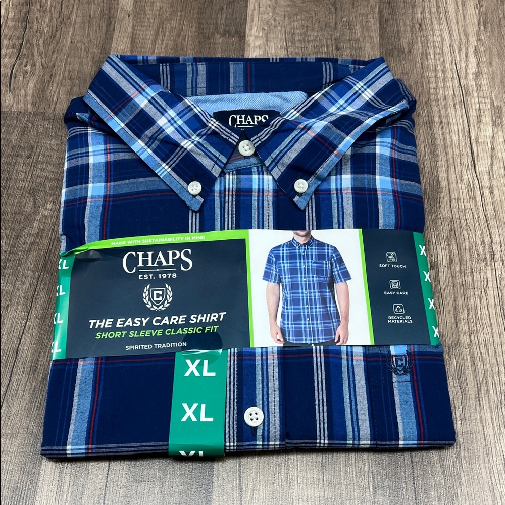 Chaps Navy and White Plaid Casual Short Sleeve Shirt